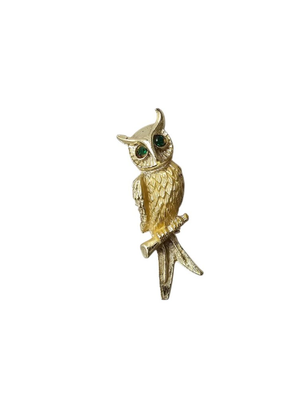 90s OWL with green stone eyes gold-tone brooch / pin